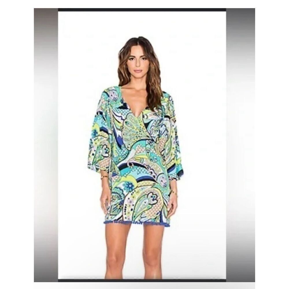 Trina Turk Nomad Paisley Tunic S pompom ball trim